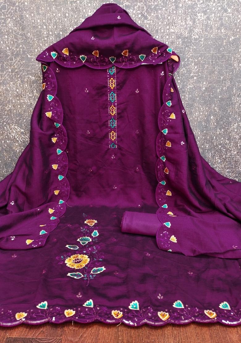 Purple Embroidery Vichitra Salwar Kameez - Indya