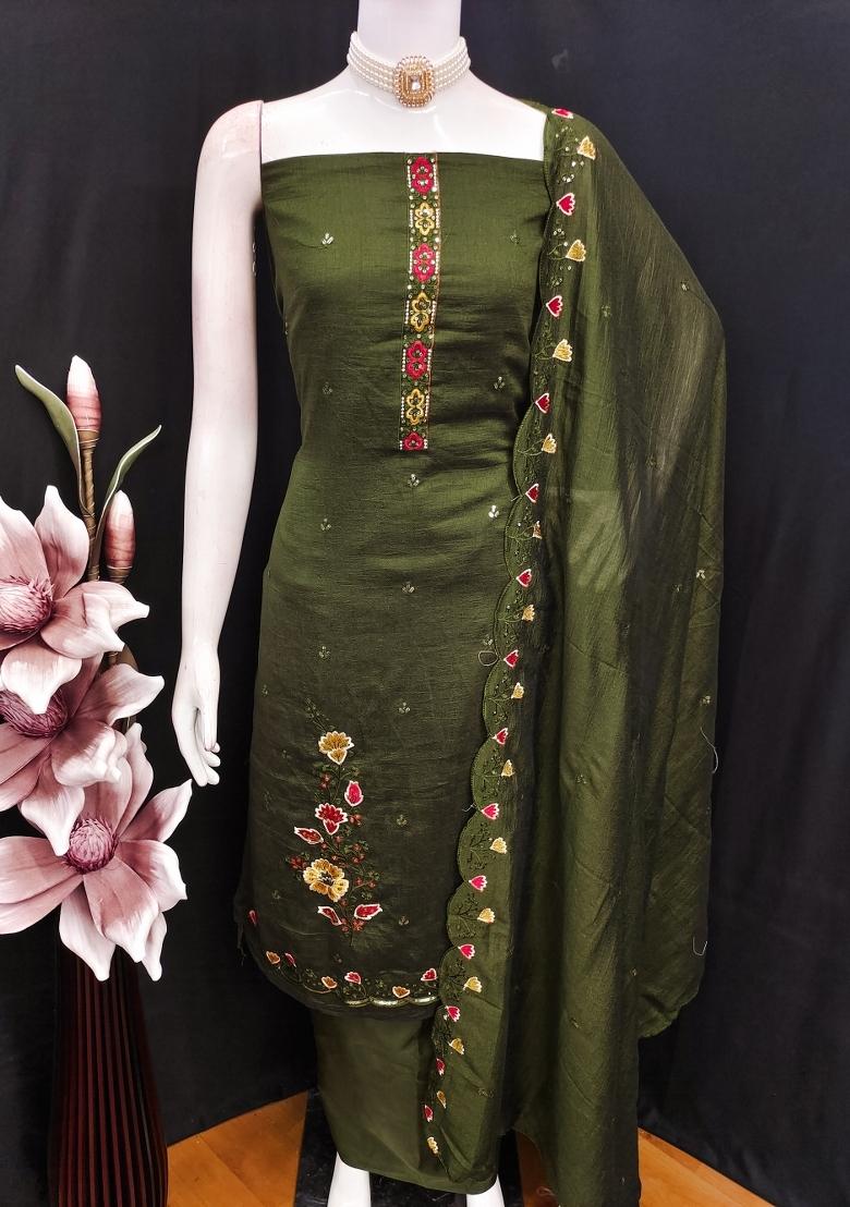 Green Embroidery Vichitra Salwar Kameez - Indya