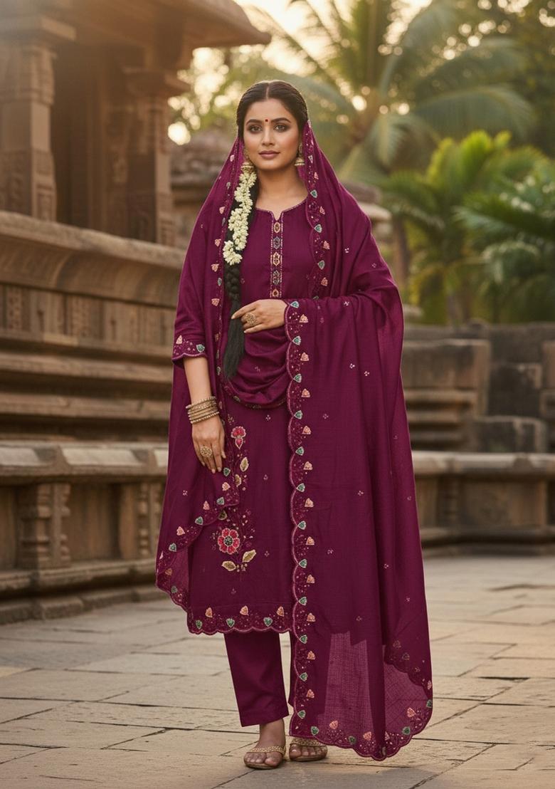 Wine Embroidery Vichitra Salwar Kameez - Indya