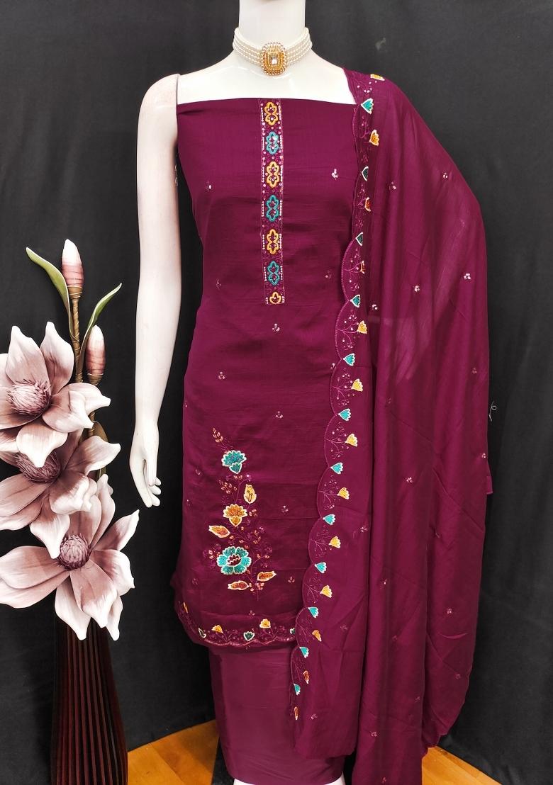 Wine Embroidery Vichitra Salwar Kameez - Indya