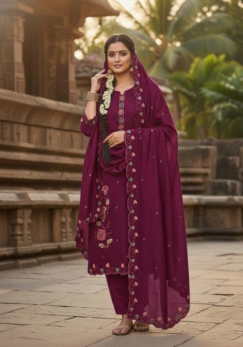 Wine Embroidery Vichitra Salwar Kameez