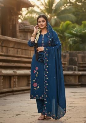 Teal Blue Embroidery Vichitra Salwar Kameez