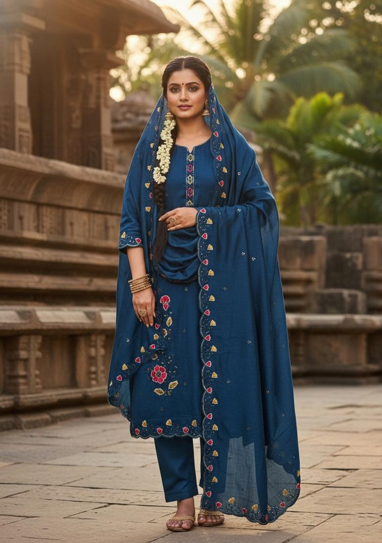 Teal Blue Embroidery Vichitra Salwar Kameez - Indya