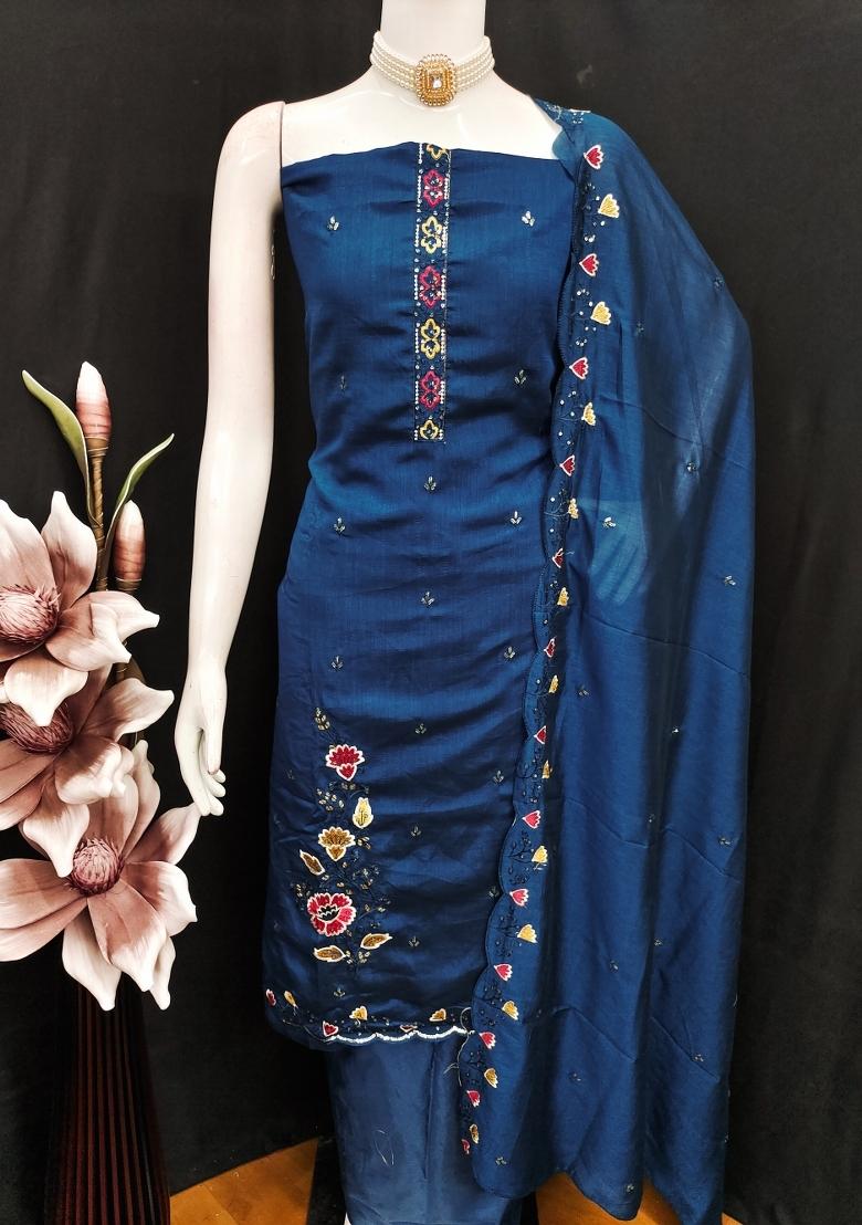 Teal Blue Embroidery Vichitra Salwar Kameez - Indya