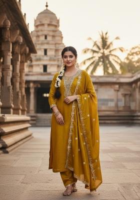 Mustard Embroidery Vichitra Salwar Kameez