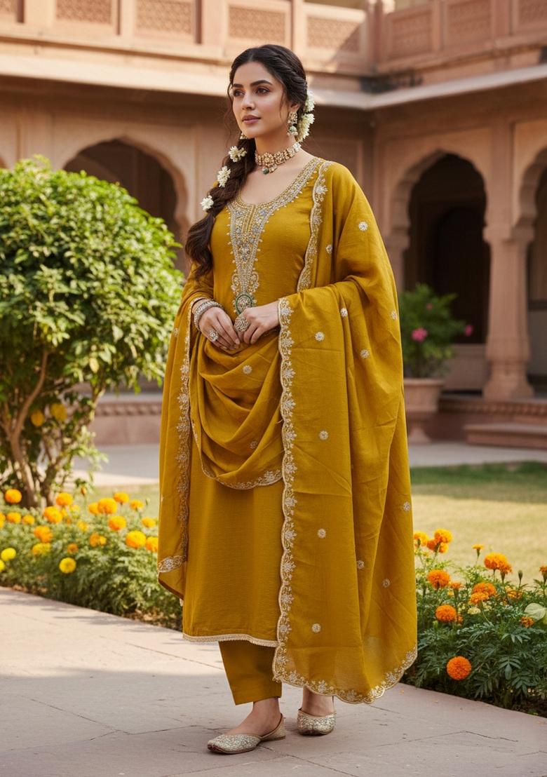 Mustard Embroidery Vichitra Salwar Kameez - Indya
