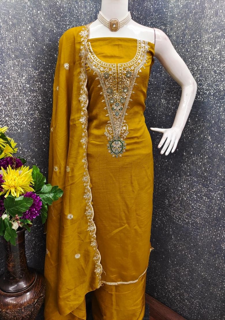 Mustard Embroidery Vichitra Salwar Kameez - Indya