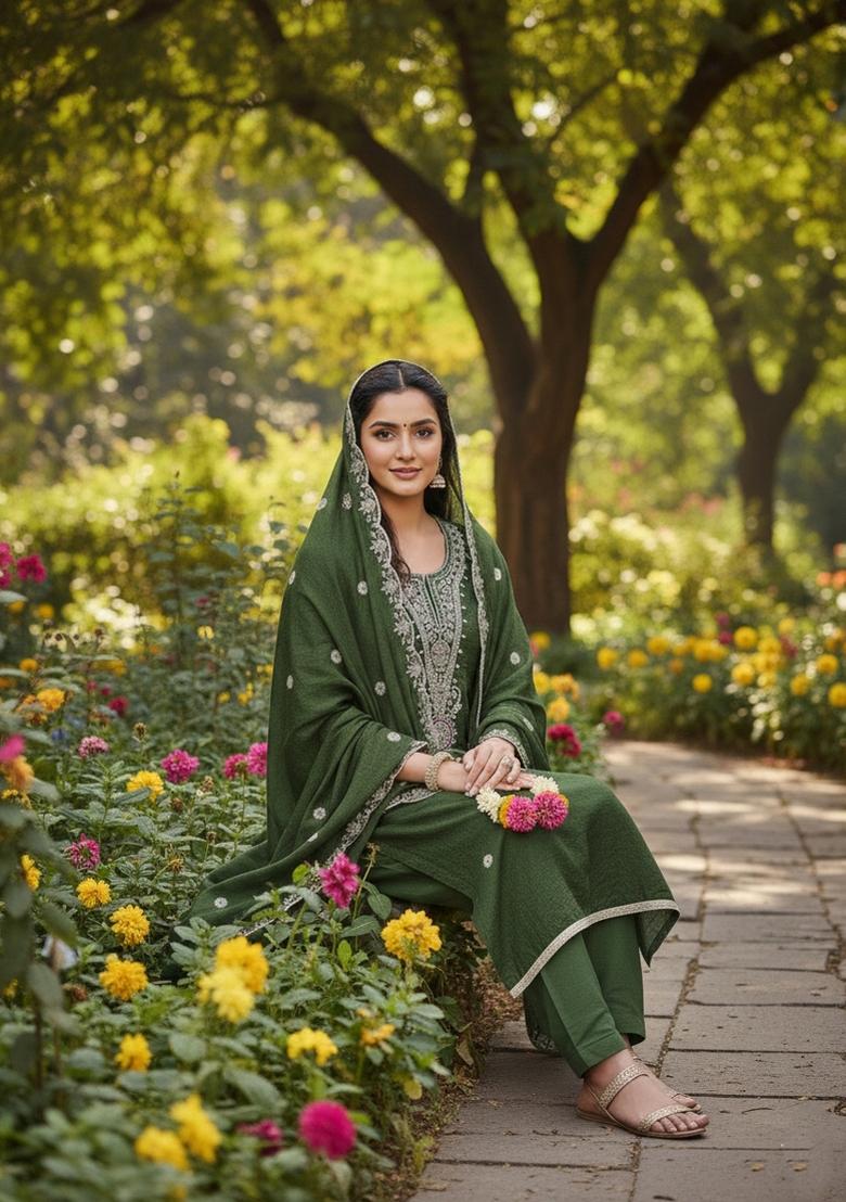 Green Embroidery Vichitra Salwar Kameez - Indya