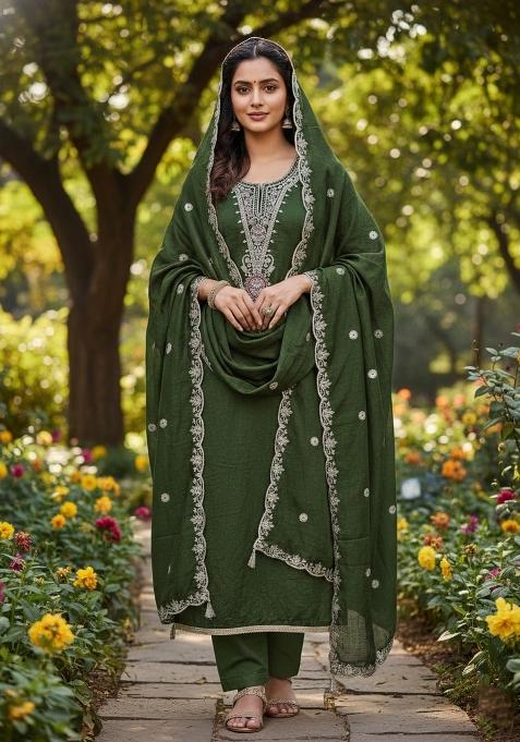 Green Embroidery Vichitra Salwar Kameez