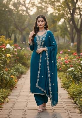 Teal Blue Embroidery Vichitra Salwar Kameez