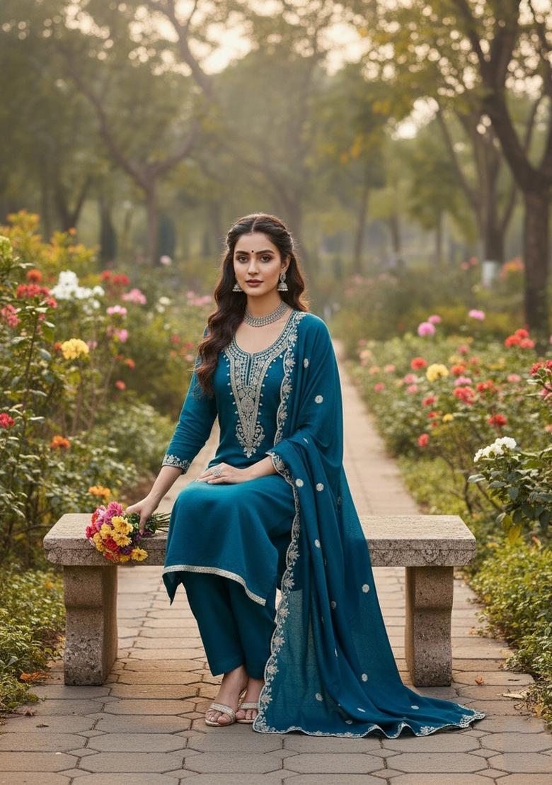 Teal Blue Embroidery Vichitra Salwar Kameez - Indya