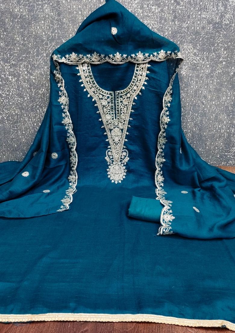 Teal Blue Embroidery Vichitra Salwar Kameez - Indya