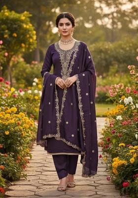 Purple Embroidery Vichitra Salwar Kameez