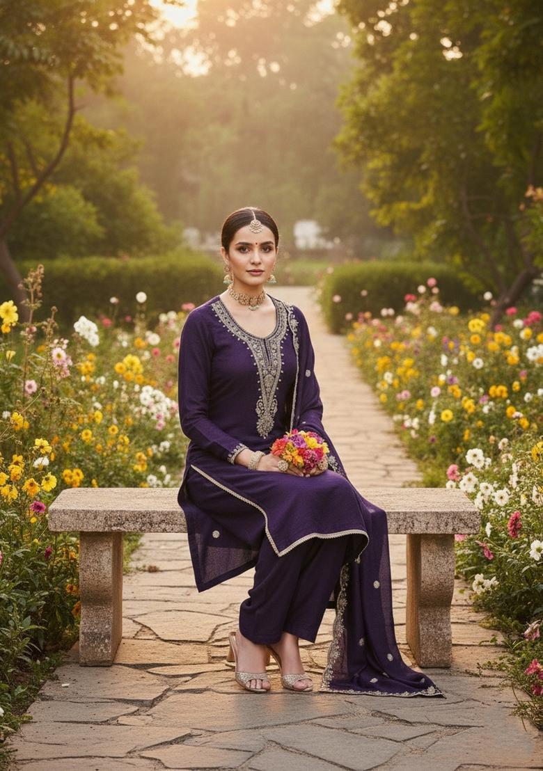 Purple Embroidery Vichitra Salwar Kameez - Indya