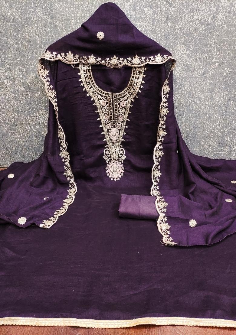 Purple Embroidery Vichitra Salwar Kameez - Indya