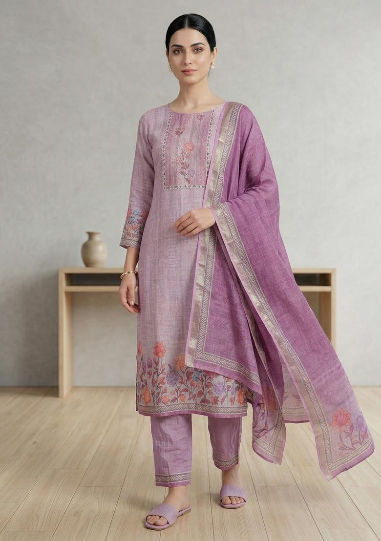 Pink Printed Linen Salwar Kameez - Indya