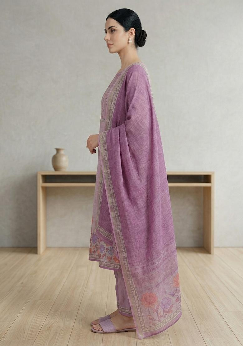 Pink Printed Linen Salwar Kameez - Indya