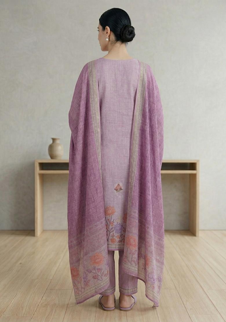 Pink Printed Linen Salwar Kameez - Indya