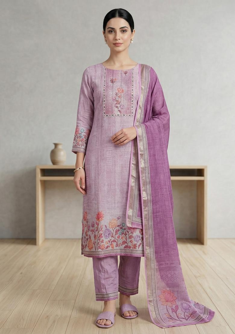 Pink Printed Linen Salwar Kameez - Indya