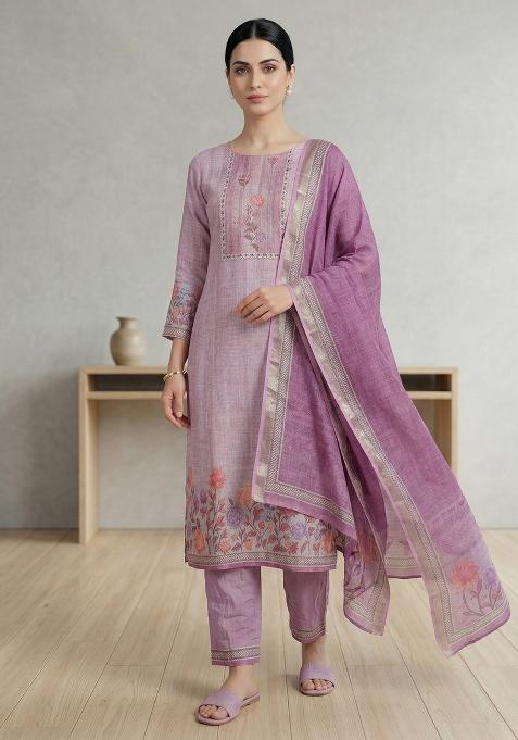 Pink Printed Linen Salwar Kameez
