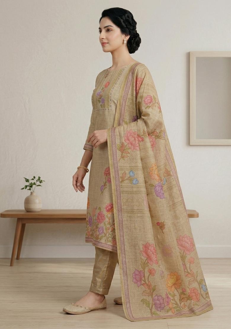 Yellow Printed Linen Salwar Kameez - Indya