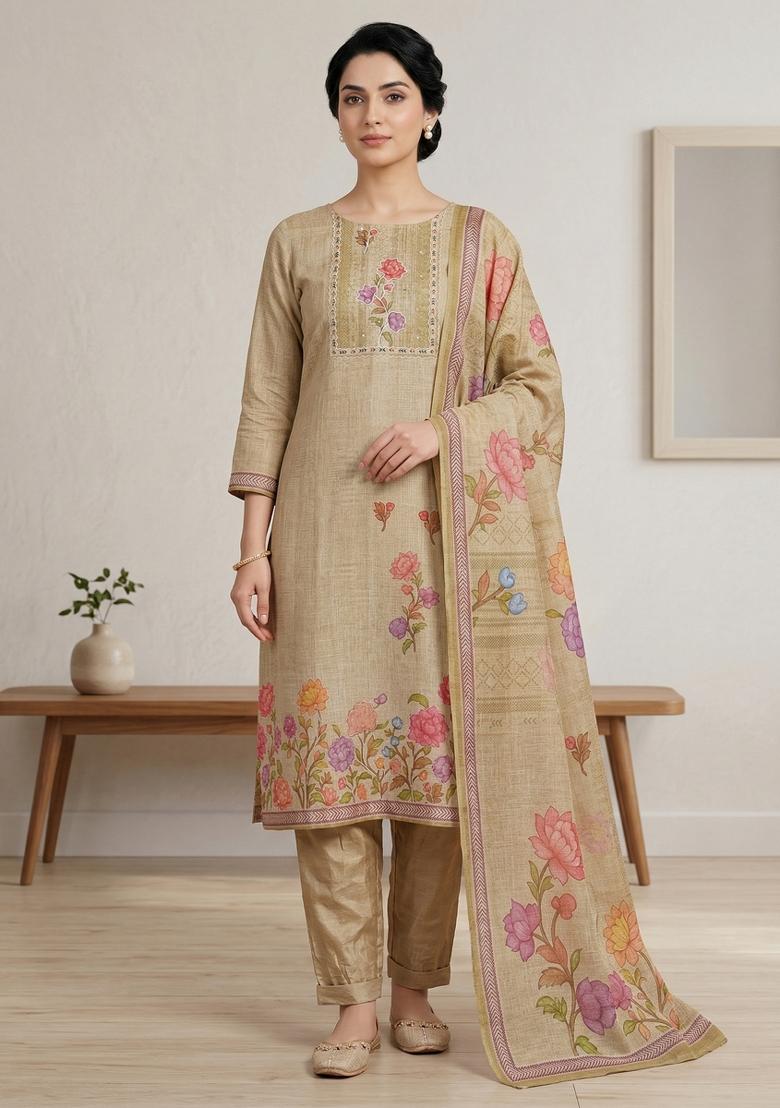 Yellow Printed Linen Salwar Kameez - Indya