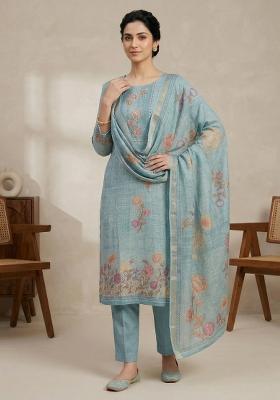 Teal Printed Linen Salwar Kameez