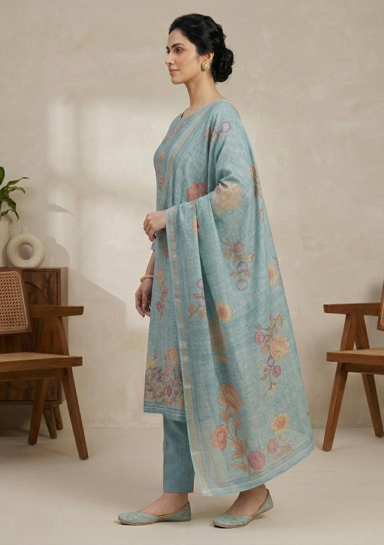 Teal Printed Linen Salwar Kameez - Indya