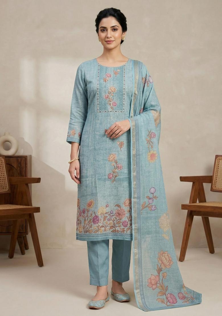 Teal Printed Linen Salwar Kameez - Indya