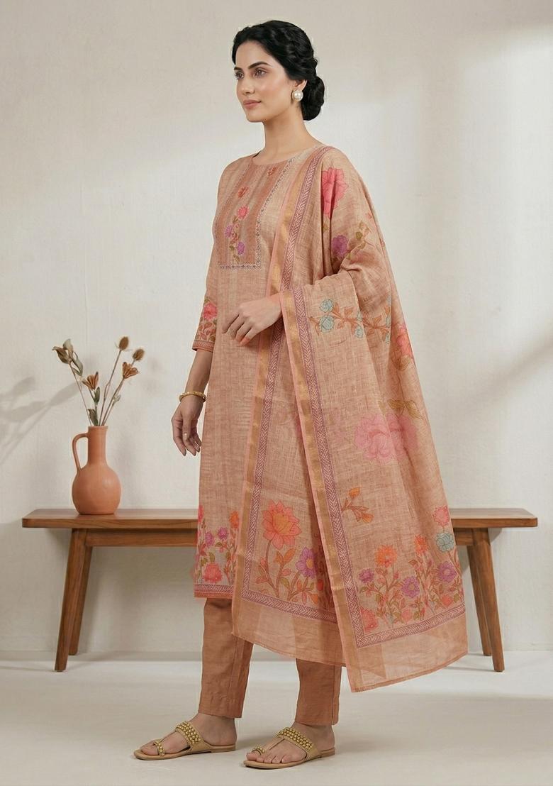 Peach Printed Linen Salwar Kameez - Indya