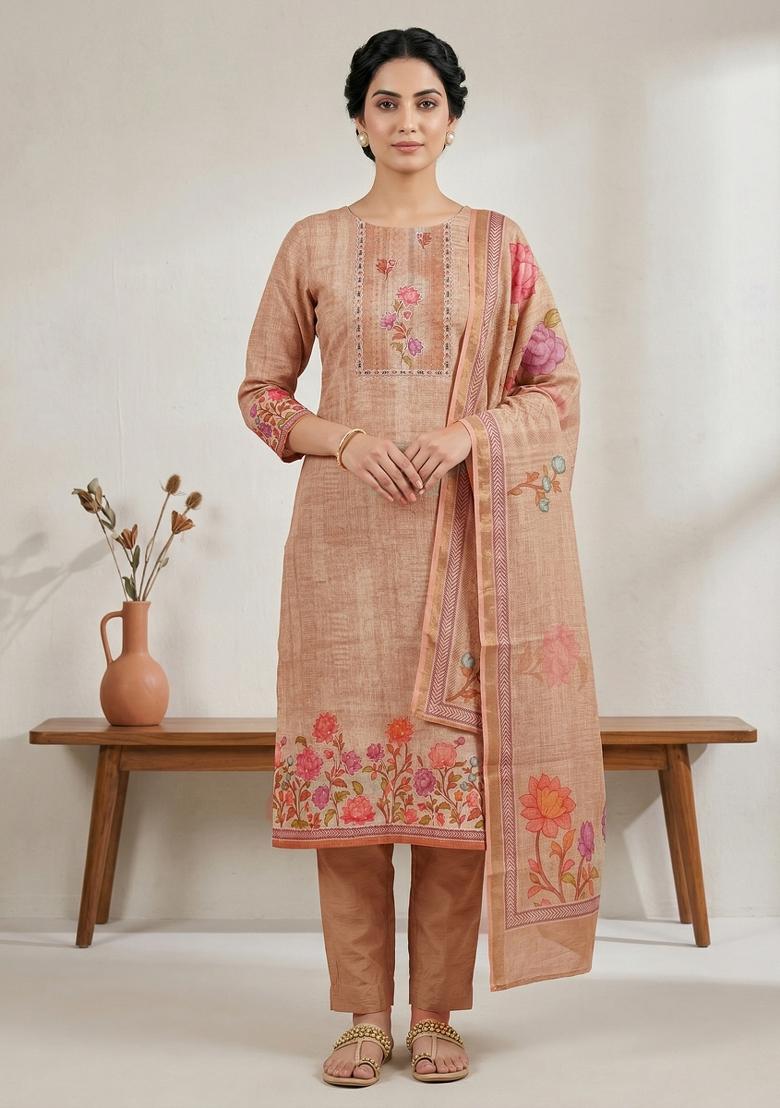 Peach Printed Linen Salwar Kameez - Indya