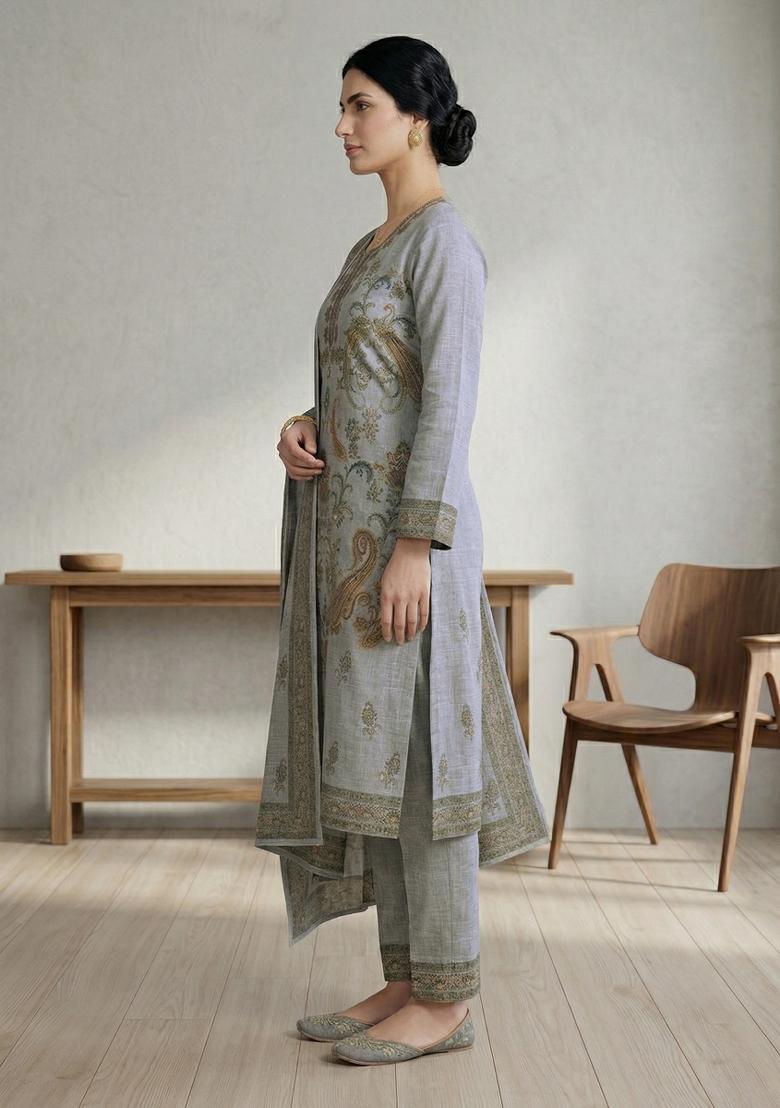 Grey Printed Linen Salwar Kameez - Indya