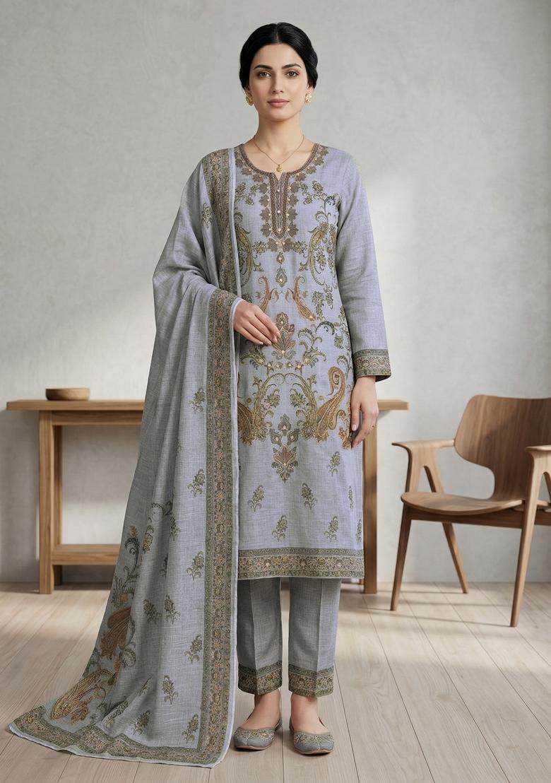 Grey Printed Linen Salwar Kameez - Indya