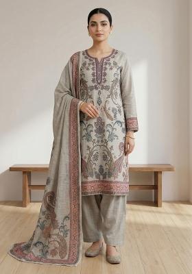 Olive Printed Linen Salwar Kameez