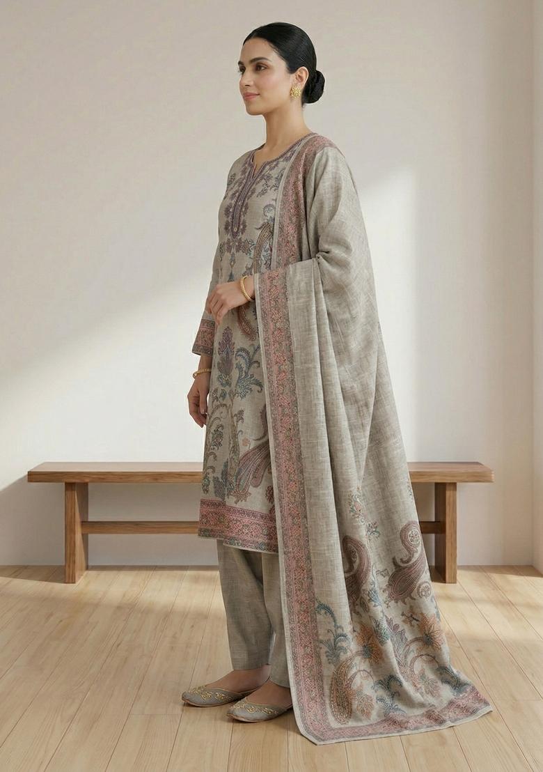 Olive Printed Linen Salwar Kameez - Indya