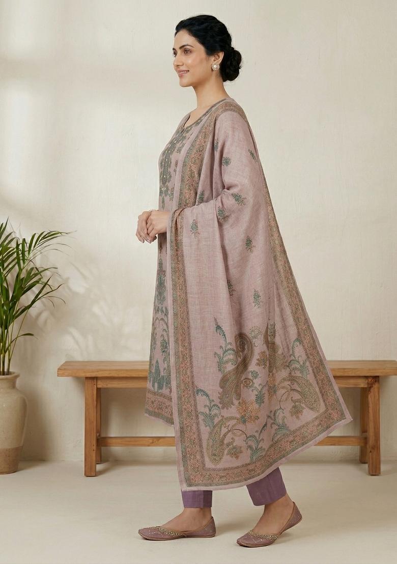 Pink Printed Linen Salwar Kameez - Indya