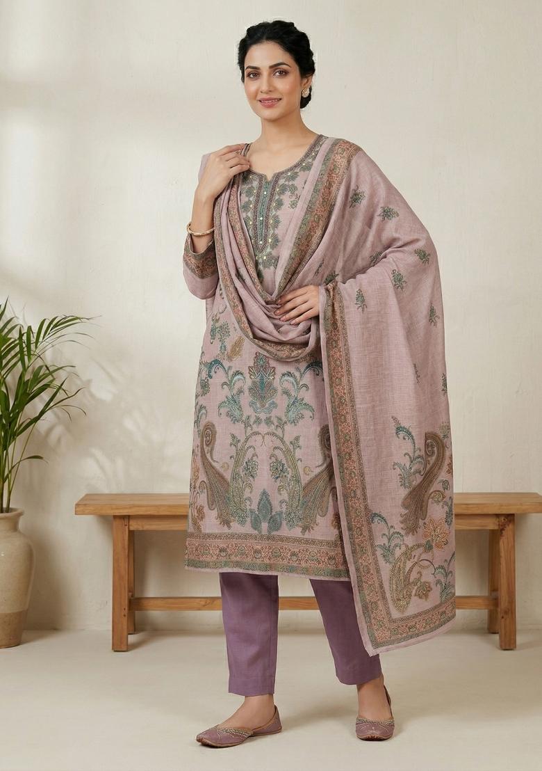 Pink Printed Linen Salwar Kameez - Indya