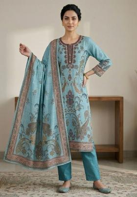 Turquoise Printed Linen Salwar Kameez