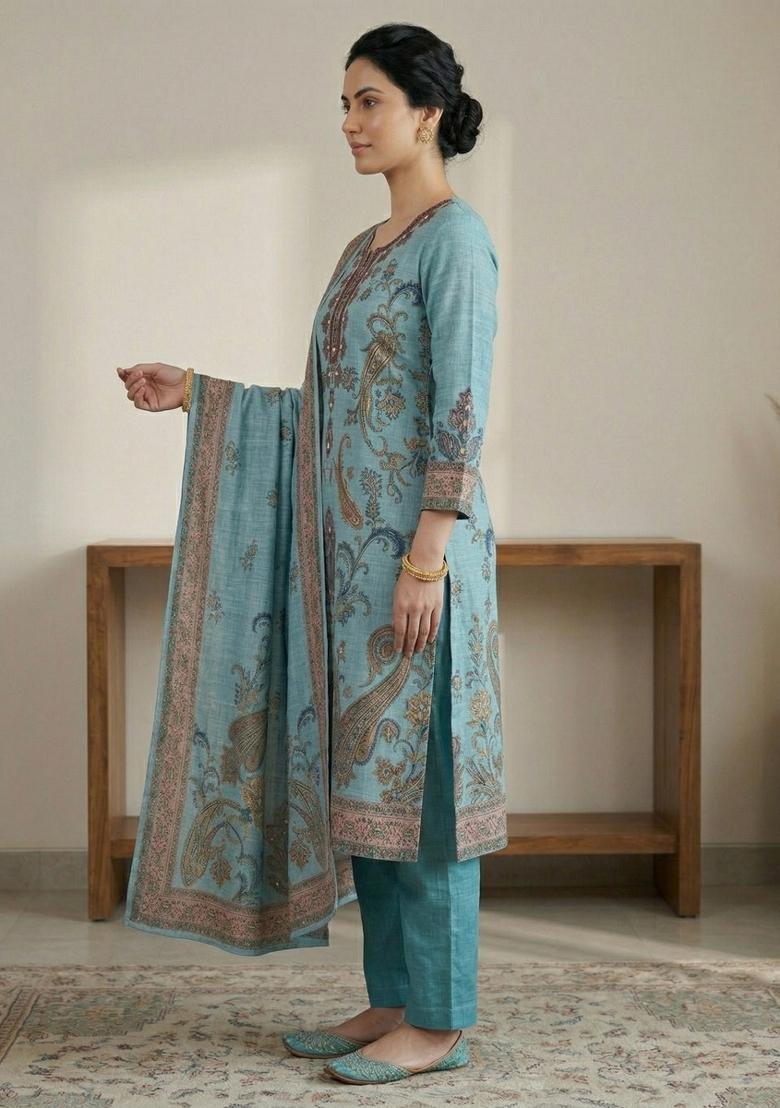 Turquoise Printed Linen Salwar Kameez - Indya