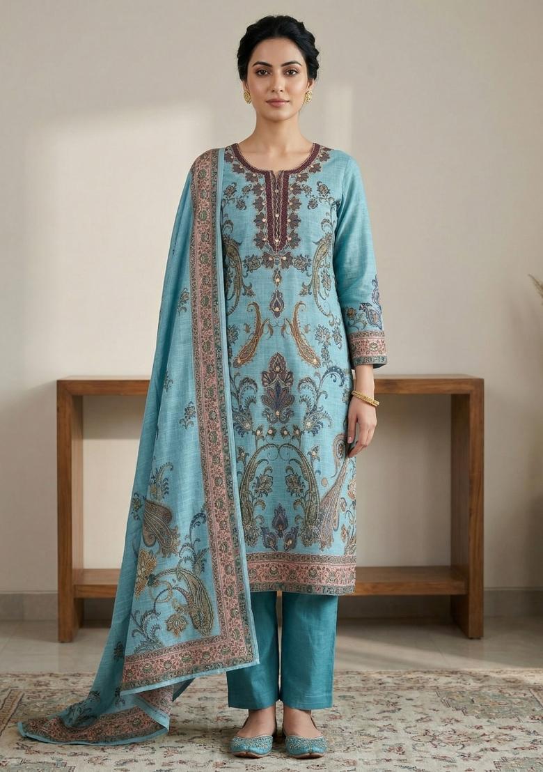 Turquoise Printed Linen Salwar Kameez - Indya