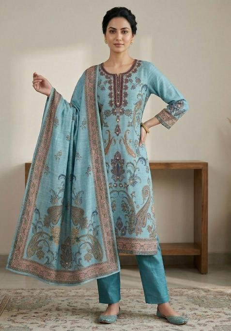 Turquoise Printed Linen Salwar Kameez