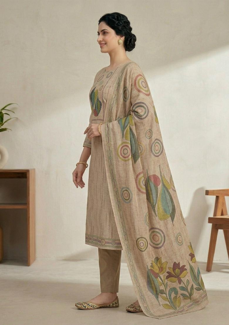 Orange Printed Linen Salwar Kameez - Indya
