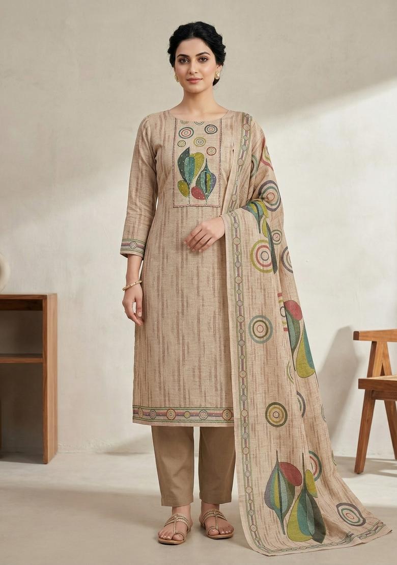 Orange Printed Linen Salwar Kameez - Indya