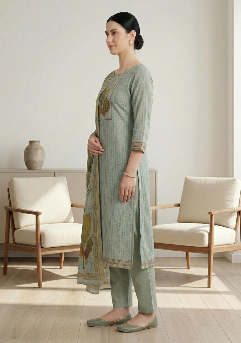 Green Printed Linen Salwar Kameez - Indya