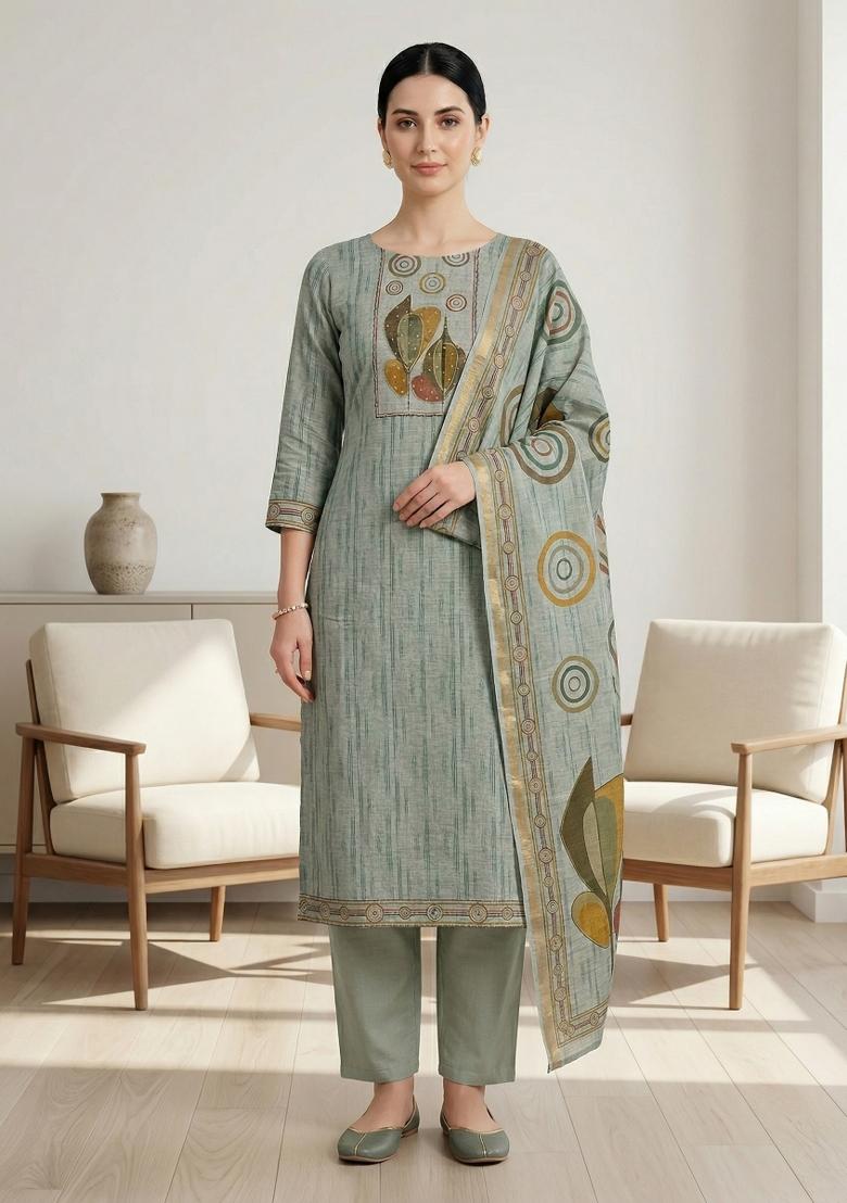Green Printed Linen Salwar Kameez - Indya