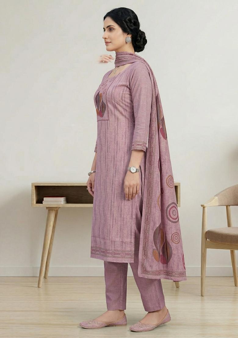 Pink Printed Linen Salwar Kameez - Indya