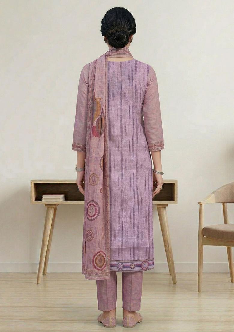 Pink Printed Linen Salwar Kameez - Indya