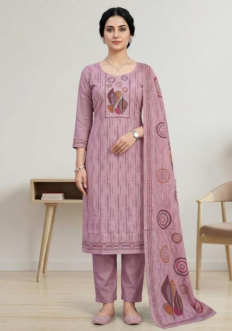 Pink Printed Linen Salwar Kameez — view on Indya
