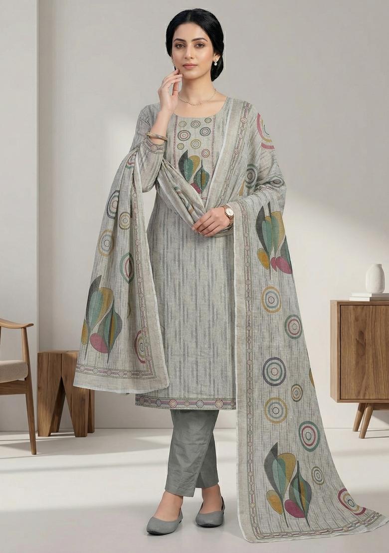 Beige Printed Linen Salwar Kameez - Indya