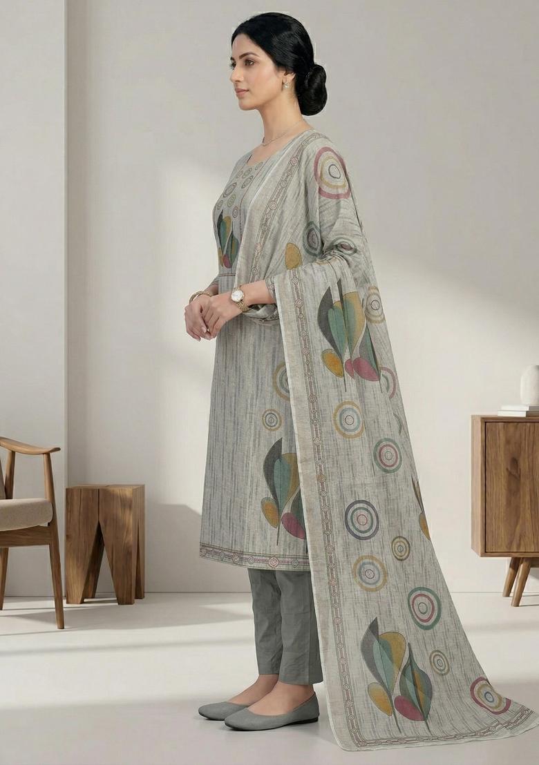 Beige Printed Linen Salwar Kameez - Indya